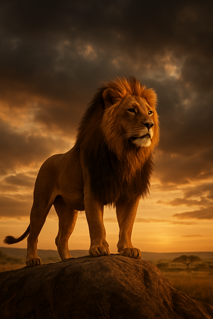 A majestic lion stands on a rock, gazing into the distance at sunset. The sky is filled with dramatic clouds in shades of orange and brown.