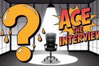 A black office chair under a spotlight in a room with grid-like walls. A large yellow question mark with sweat drops is on the left. "Ace the Interview" text in bold red and yellow is on the right.