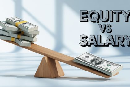 A balance seesaw with more money stacks on one side than the other, labeled "Equity vs Salary" in bold text on a light blue background.