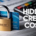 A brass padlock secures a credit card on documents, with a calculator in the background. Text reads "Hidden Credit Costs."