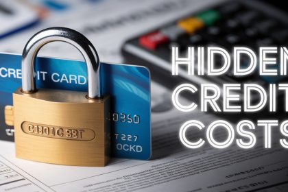 A brass padlock secures a credit card on documents, with a calculator in the background. Text reads "Hidden Credit Costs."