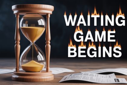 A wooden hourglass with sand is on a wooden table surrounded by papers. The text "WAITING GAME BEGINS" is in white with flames behind it.