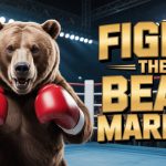 A bear wearing red boxing gloves stands in a boxing ring, facing forward. Bright lights illuminate the arena. The text "Fight the Bear Market" is displayed in bold, gold letters.