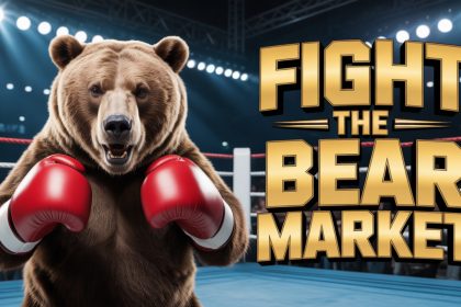 A bear wearing red boxing gloves stands in a boxing ring, facing forward. Bright lights illuminate the arena. The text "Fight the Bear Market" is displayed in bold, gold letters.