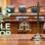 A balance scale with a miniature house on one side and a stack of papers on the other sits on a wooden table. Text reads "LLC vs. Sole Prop" in green letters. Blurred courtroom chairs are in the background.