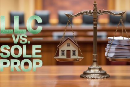 A balance scale with a miniature house on one side and a stack of papers on the other sits on a wooden table. Text reads "LLC vs. Sole Prop" in green letters. Blurred courtroom chairs are in the background.