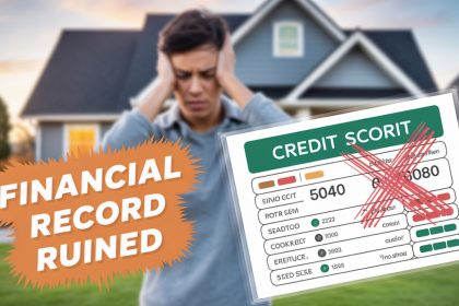 A person stands in front of a house, holding their head in distress. A graphic shows a "Credit Scorit" with numbers and a large red cross. Text reads "Financial Record Ruined."