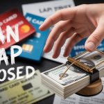 A hand reaching for a stack of dollar bills in a mousetrap, surrounded by credit cards and documents. Text reads "Loan Trap Exposed."