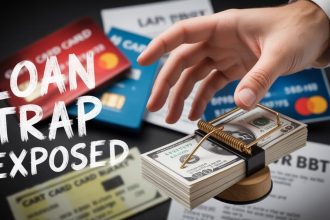 A hand reaching for a stack of dollar bills in a mousetrap, surrounded by credit cards and documents. Text reads "Loan Trap Exposed."