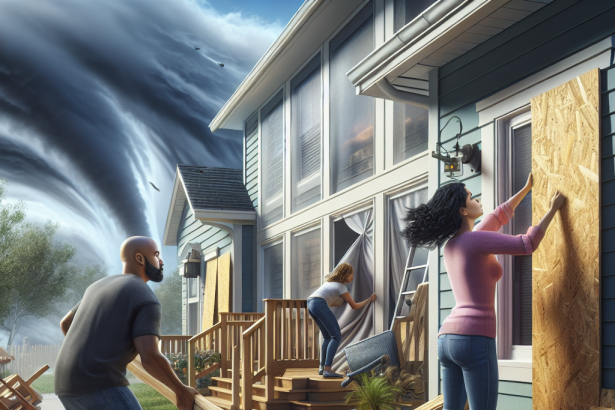 A man and two women board up windows of a house with plywood as a tornado approaches in the background. Debris and tools are scattered around them, including a toolbox, water bottles, and emergency supplies. The sky is cloudy and the scene is tense.