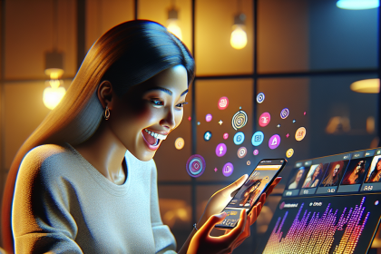 A woman with long hair is sitting at a desk, excitedly looking at her smartphone. Colorful app icons float from the phone. A laptop displays colorful graphs and images. The room is warmly lit with hanging lights. A candle and stationery are on the desk.