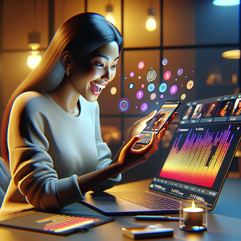 A woman with long hair is sitting at a desk, excitedly looking at her smartphone. Colorful app icons float from the phone. A laptop displays colorful graphs and images. The room is warmly lit with hanging lights. A candle and stationery are on the desk.