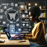 A woman in a yellow sweater works on a laptop at a desk. Digital icons, including a shopping cart, surround her, indicating online shopping. The background features shelves with books and plants.