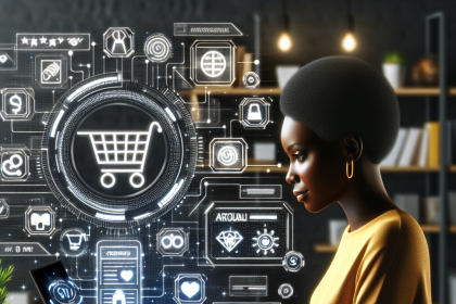 A woman in a yellow sweater works on a laptop at a desk. Digital icons, including a shopping cart, surround her, indicating online shopping. The background features shelves with books and plants.