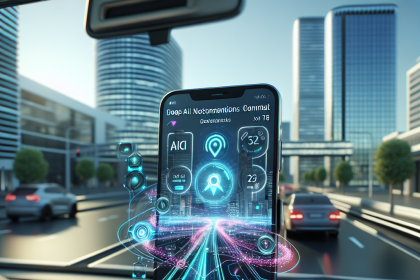 A smartphone mounted on a car dashboard displays a futuristic navigation interface with neon blue and pink holographic elements. The car is driving on a city road lined with modern skyscrapers and trees. Other vehicles are visible on the road under a clear sky.