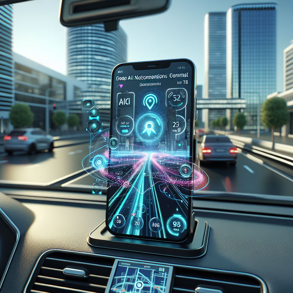 A smartphone mounted on a car dashboard displays a futuristic navigation interface with neon blue and pink holographic elements. The car is driving on a city road lined with modern skyscrapers and trees. Other vehicles are visible on the road under a clear sky.