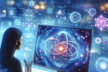 A person sits at a desk using a computer, displaying a digital representation of an atom with orbiting electrons. Surrounding them are glowing scientific diagrams and equations on a blue background, creating a futuristic and technological atmosphere.