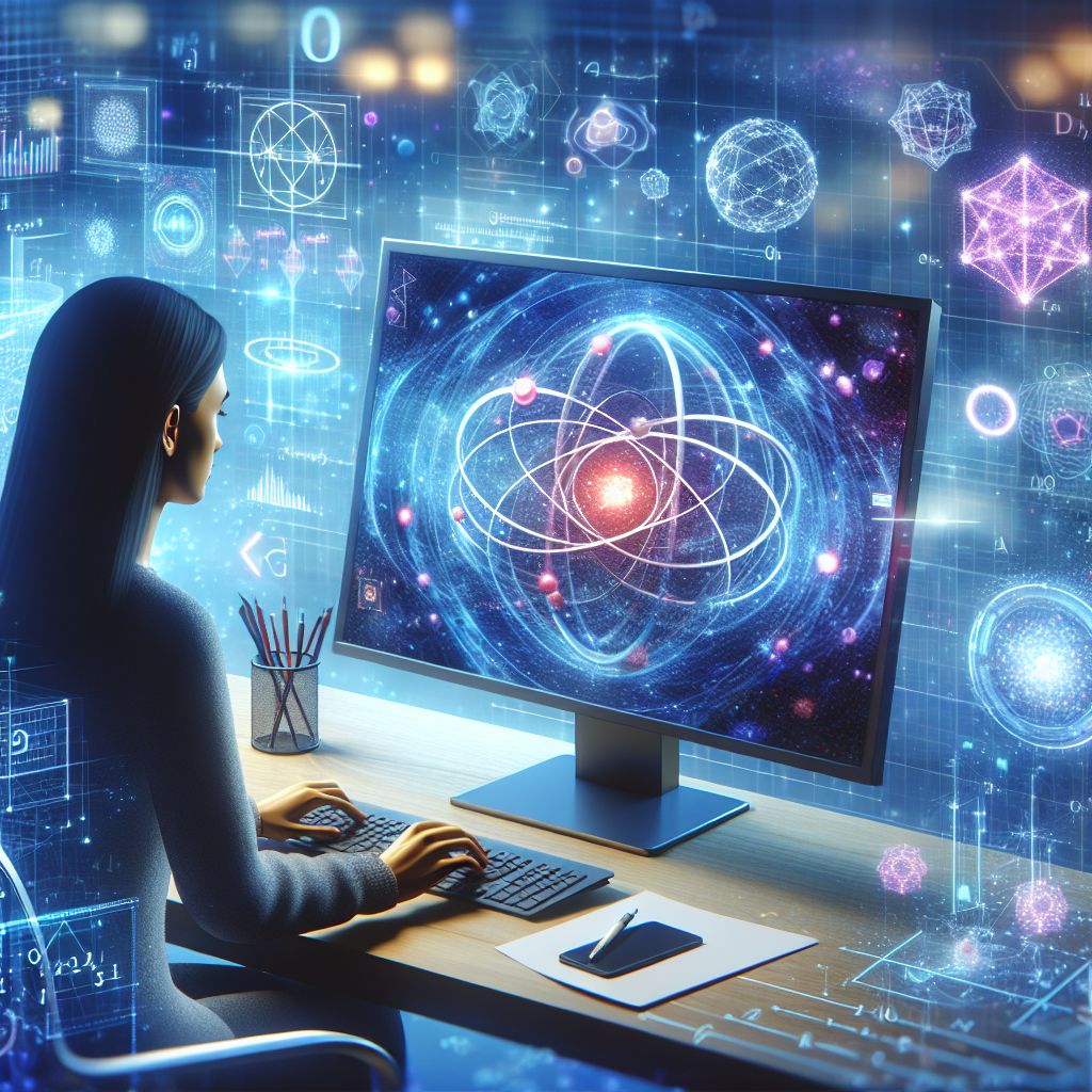 A person sits at a desk using a computer, displaying a digital representation of an atom with orbiting electrons. Surrounding them are glowing scientific diagrams and equations on a blue background, creating a futuristic and technological atmosphere.
