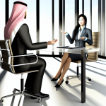 A man in a traditional keffiyeh and a woman in a business suit sit across from each other at a glass table in a modern office.