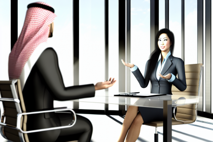 A man in a traditional keffiyeh and a woman in a business suit sit across from each other at a glass table in a modern office.