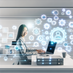 A woman in a gray blazer sits at a desk using a laptop with digital holographic icons surrounding her, depicting technology concepts.