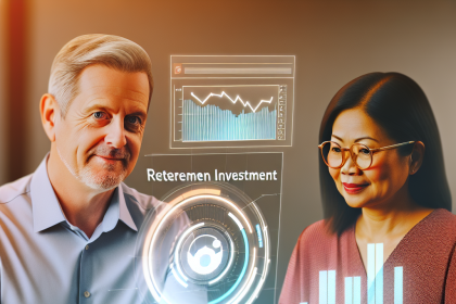 Two people, a man and a woman, are interacting with a digital tablet displaying a futuristic interface labeled "Retirement Investment." The interface shows graphs and charts. The man is wearing a light blue shirt, and the woman is in a pink sweater with glasses. The setting has a warm tone.