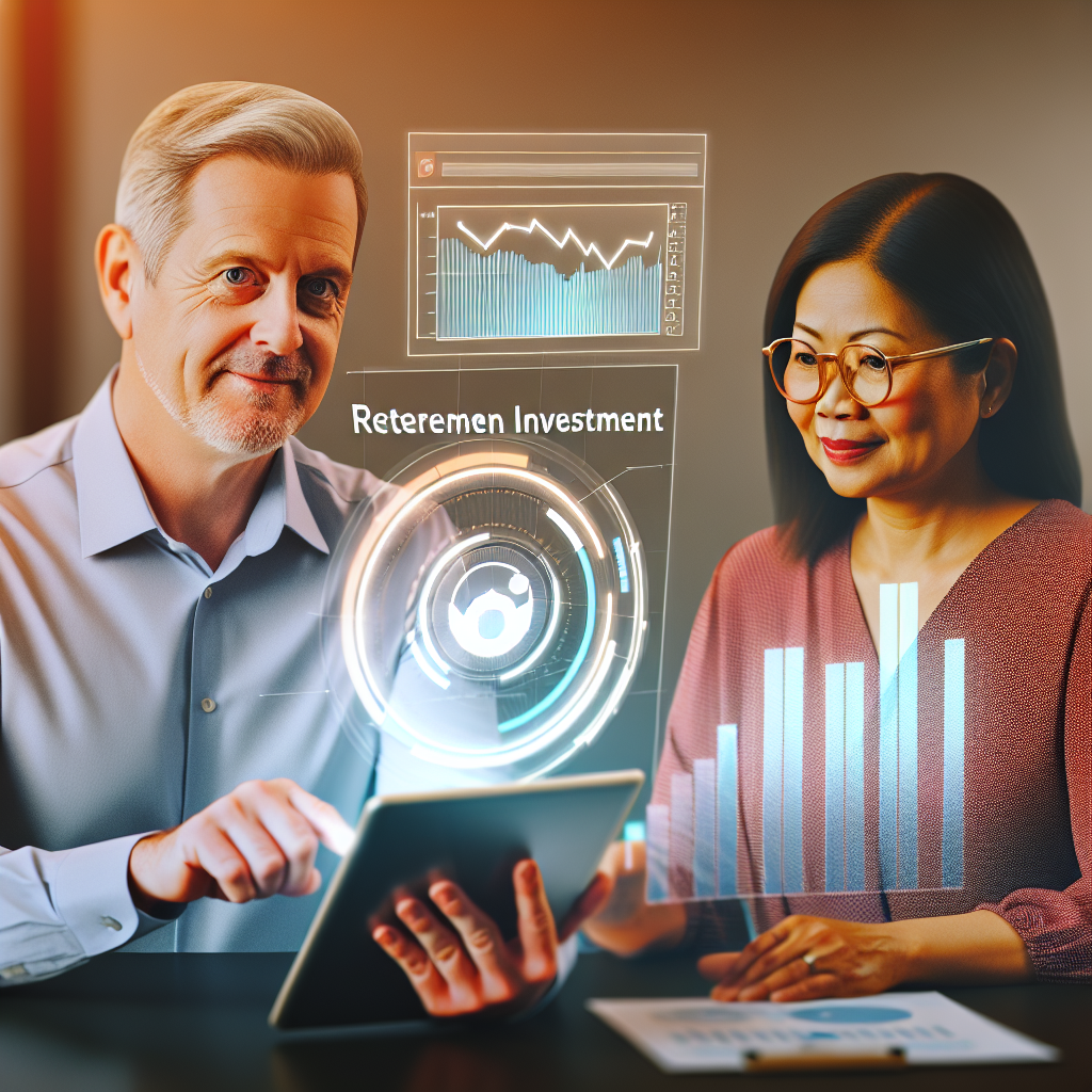 Two people, a man and a woman, are interacting with a digital tablet displaying a futuristic interface labeled "Retirement Investment." The interface shows graphs and charts. The man is wearing a light blue shirt, and the woman is in a pink sweater with glasses. The setting has a warm tone.