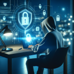 A person in a hoodie sits at a desk with a laptop, surrounded by digital lock icons and security graphics on a blue background.