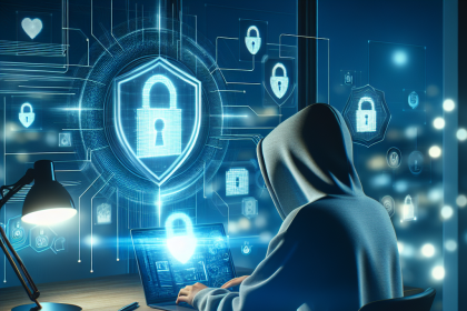 A person in a hoodie sits at a desk with a laptop, surrounded by digital lock icons and security graphics on a blue background.