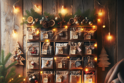 A wooden advent calendar with numbered fabric pouches is adorned with pine branches and warm fairy lights. Below, a table holds dried oranges, cinnamon sticks, candles, and jars of decorations. A small wooden tree and golden ornaments enhance the festive atmosphere.
