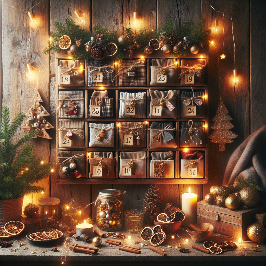 A wooden advent calendar with numbered fabric pouches is adorned with pine branches and warm fairy lights. Below, a table holds dried oranges, cinnamon sticks, candles, and jars of decorations. A small wooden tree and golden ornaments enhance the festive atmosphere.
