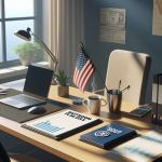 A sunlit office desk with a laptop, mouse, and a steaming mug. An American flag is in a pen holder. Papers labeled "Shutdown Plan 2023" and "900M" are on the desk. A plant, lamp, and calculator are also present, with a window and dollar-themed wall art in the background.
