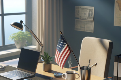 A sunlit office desk with a laptop, mouse, and a steaming mug. An American flag is in a pen holder. Papers labeled "Shutdown Plan 2023" and "900M" are on the desk. A plant, lamp, and calculator are also present, with a window and dollar-themed wall art in the background.