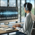 A person wearing headphones is seated at a desk, working on a computer. The screen displays audio waveforms, and there are futuristic digital icons floating around, indicating AI and data analytics. The setting is a modern office with large windows.