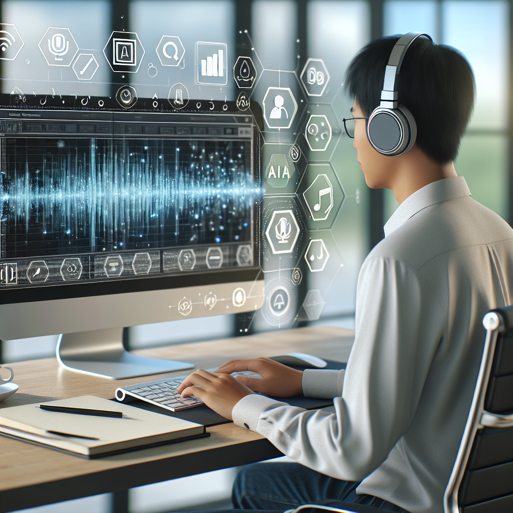 A person wearing headphones is seated at a desk, working on a computer. The screen displays audio waveforms, and there are futuristic digital icons floating around, indicating AI and data analytics. The setting is a modern office with large windows.