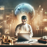 A man in traditional attire works on a laptop at a desk with gold coins, bars, and charts. A digital globe and financial icons are in the background.