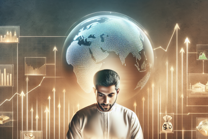 A man in traditional attire works on a laptop at a desk with gold coins, bars, and charts. A digital globe and financial icons are in the background.