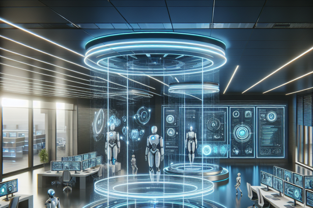 Futuristic lab with humanoid robots and holographic displays. Neon blue lights illuminate control panels and screens. Robots stand in circular platforms.