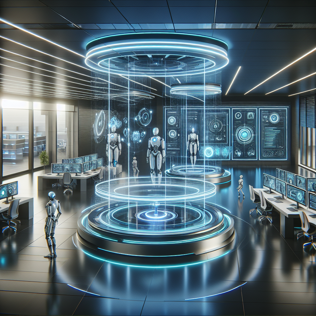 Futuristic lab with humanoid robots and holographic displays. Neon blue lights illuminate control panels and screens. Robots stand in circular platforms.