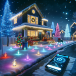 A festive house with colorful Christmas lights on the roof and trees, a wreath on the door, and glowing path lights. A smartphone with a light control app is on the snowy ground.