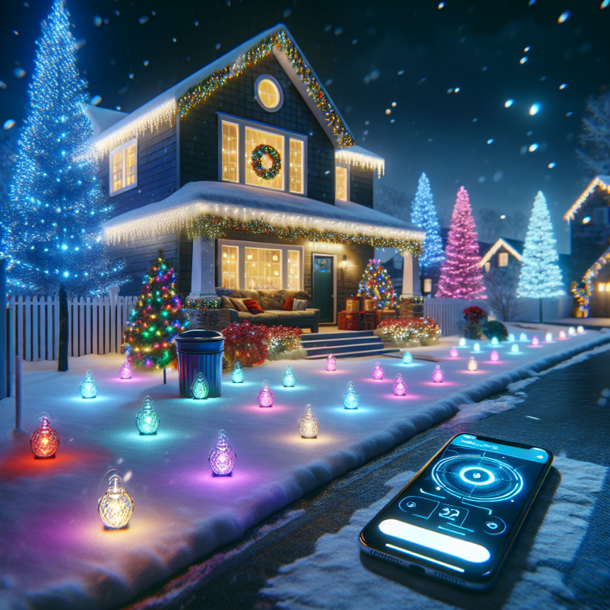 A festive house with colorful Christmas lights on the roof and trees, a wreath on the door, and glowing path lights. A smartphone with a light control app is on the snowy ground.