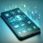 A smartphone displaying a digital financial interface with glowing icons for currency, graphs, email, and wallet. Holographic effects surround the device.