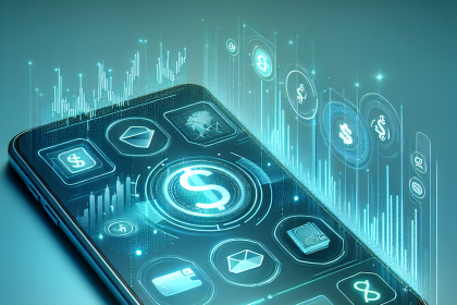 A smartphone displaying a digital financial interface with glowing icons for currency, graphs, email, and wallet. Holographic effects surround the device.