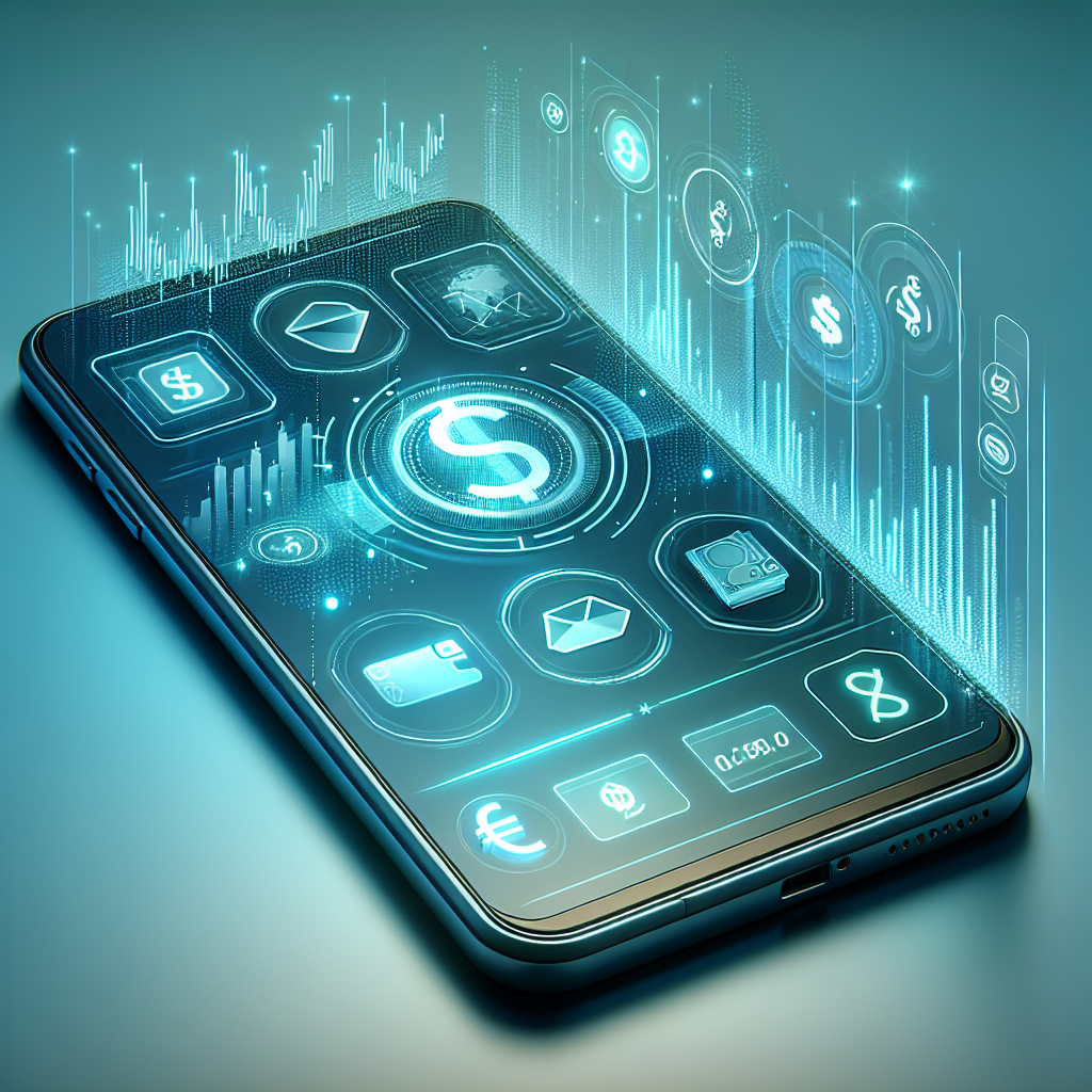 A smartphone displaying a digital financial interface with glowing icons for currency, graphs, email, and wallet. Holographic effects surround the device.