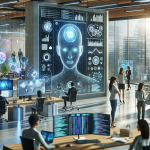 Futuristic office with people working on computers displaying code. A large digital screen shows a human figure with data charts.
