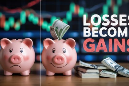 Two piggy banks on a table; the left one looks sad, the right one is smiling with cash emerging. Text: "Losses Become Gains" with a stock chart in the background.