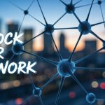 A digital network structure with nodes connected by lines in the foreground. The text "Unlock Your Network" is on the left. Blurred cityscape at dusk in the background.