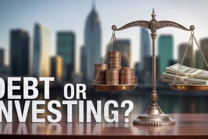 A balance scale with coins on one side and stacks of cash on the other, set against a city skyline. The text reads "Debt or Investing?"