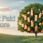 A tree with lush green foliage has stacks of gold coins hanging from its branches. The text "Get Paid More" is on the left. A clear sky and grassy field are in the background.