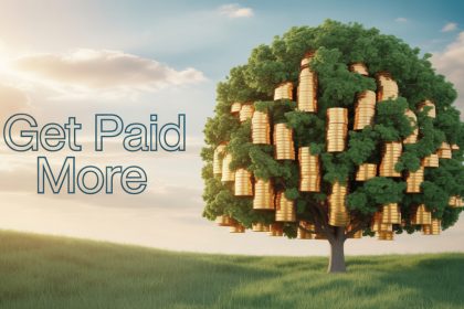 A tree with lush green foliage has stacks of gold coins hanging from its branches. The text "Get Paid More" is on the left. A clear sky and grassy field are in the background.